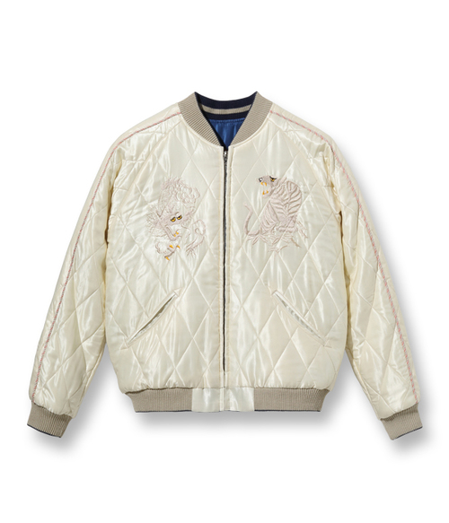  TAILOR TOYO - Mid 1950s Style Acetate Quilted Souvenir Jacket “DUELLING DRAGONS” × “WHITE TIGER” - BLUE × WHITE