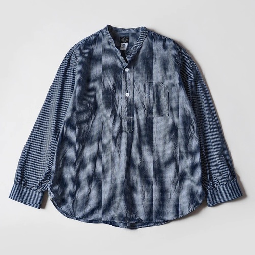  POST OVER ALLS - Band collar shirt / indigo check 1 - indigo