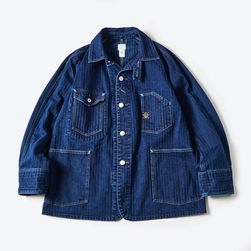  POST OVER ALLS - Engineers’ Jacket - herringbone denim - double indigo 