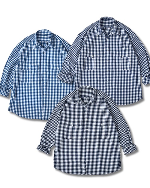  Porter Classic - ROLL UP GINGHAM CHECK SIRTS - NAVY 