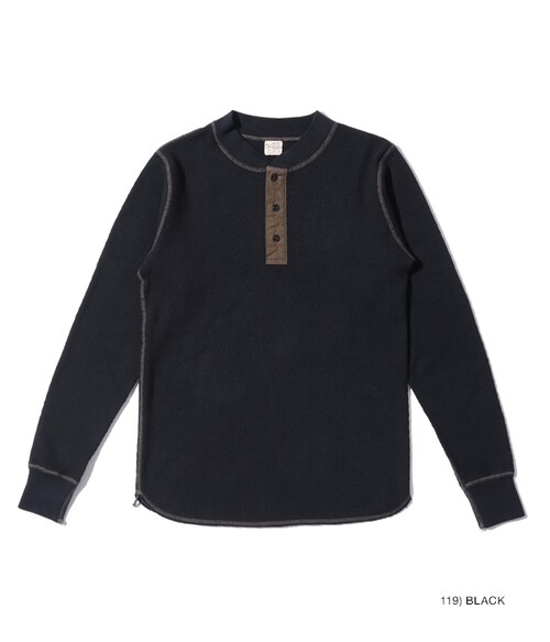  BUZZ RICKSON'S - THERMAL HENLEY NECK T-SHIRT - BLACK