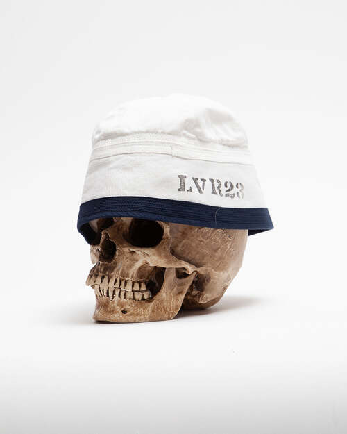  THE CORONA UTILITY - NAVY HAT - Off White w/ Navy Ribbon