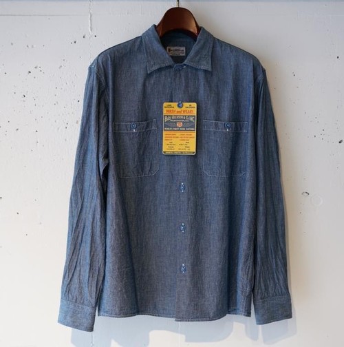  BUZZ RICKSONS - OPEN COLLAR LONG SLEEVE CHAMBRAY WORK SHIRTS- BLUE