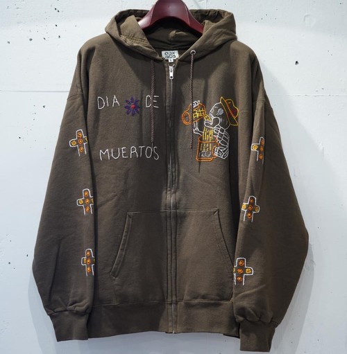  OAXACA - FULL ZIP HOODIE / Drinking Skull - BROWN